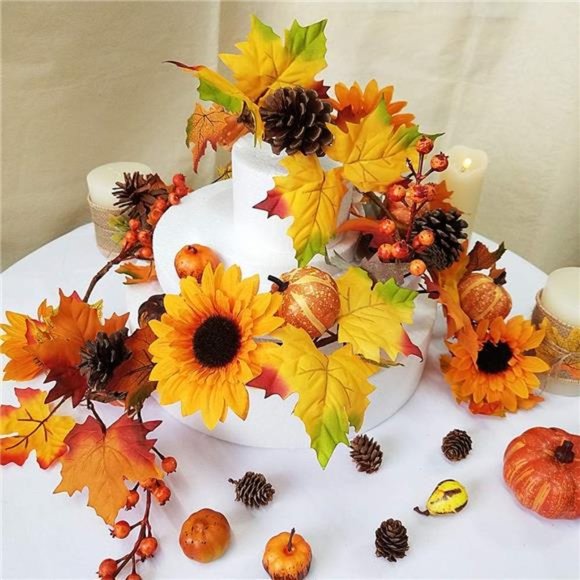 2 Pack Fall Maple Leaf Garland - 6ft/Piece Artificial Berries Sunflower Pumpkin - Picture 4 of 7